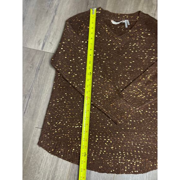 Soft Surroundings Brown Gold Sequin Sweater Women’s PM V-Neck Knit Pullove - Picture 3 of 7